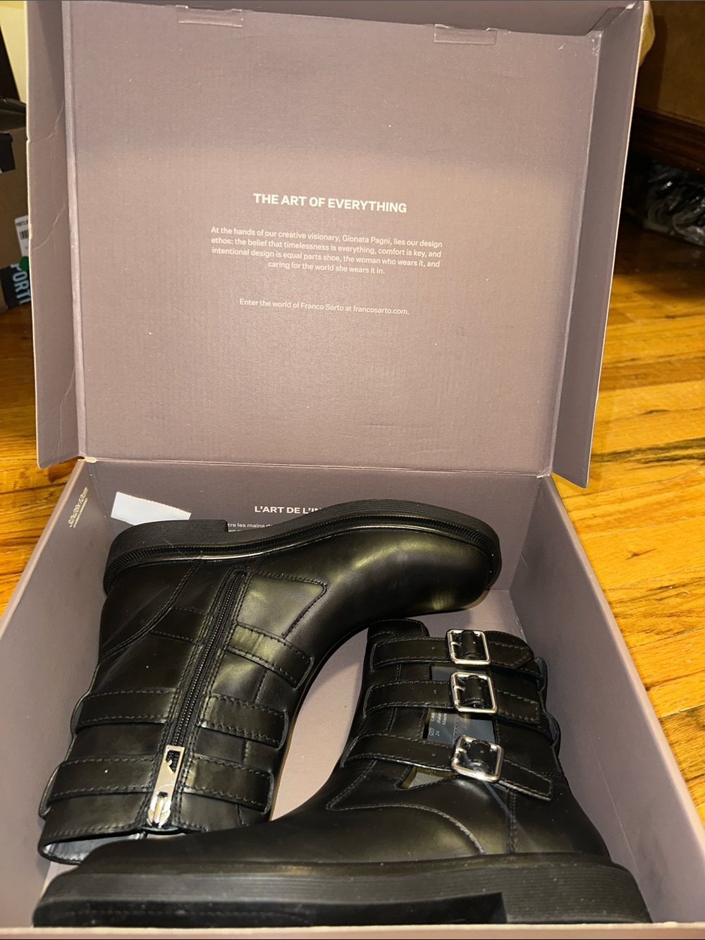 Franco Sarto Black Leather Triple Buckle Ankle Boots